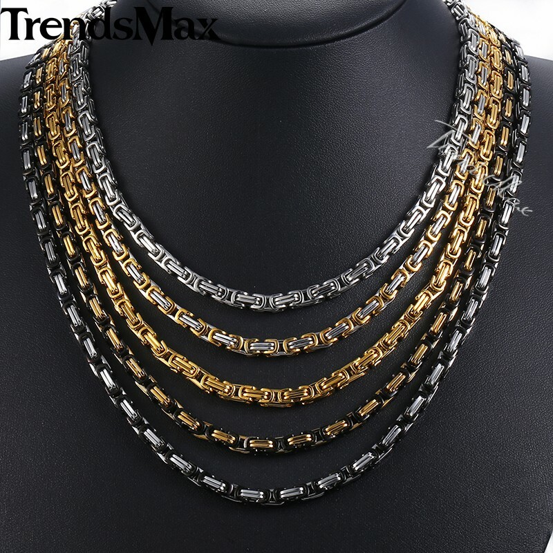 5mm Mens Byzantine Box Link Chain Stainless Steel Necklace Silver/Gold Plated