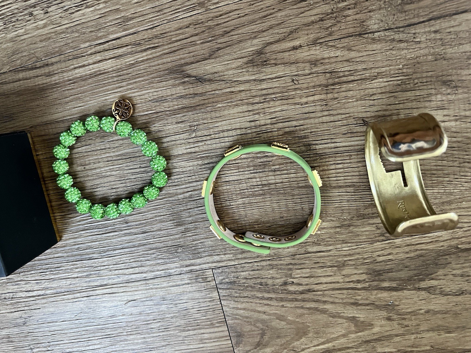 Rustic Cuff Signed Green Crystal Gold Plated Bracelet Jewelry Set