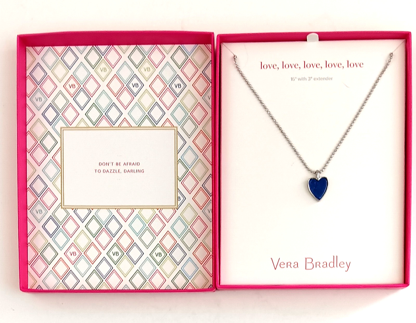 Vera Bradley Love Blue Heart Necklace 16″ Beauty Is Meant To Be Shared