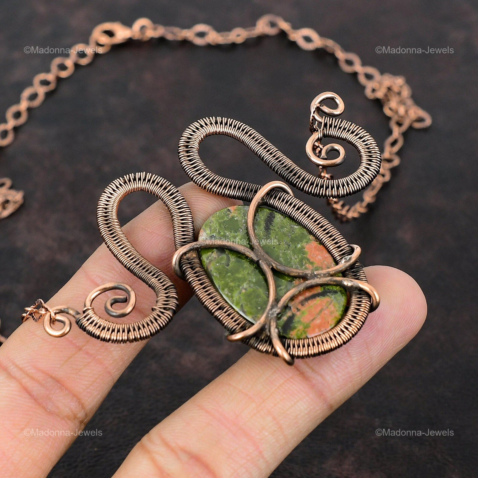 Copper Natural Unakite No Stone Chain Sister Wire Wrapped Engagement Necklace