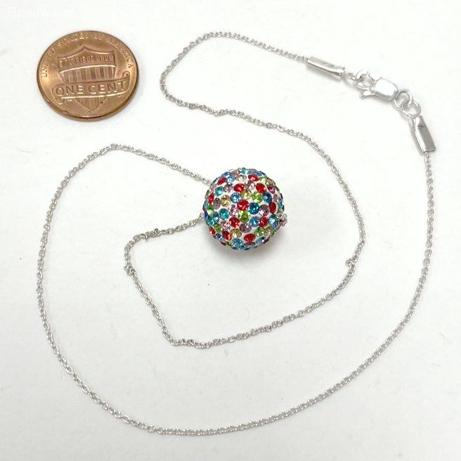 16.5″ Sterling Silver Rainbow Rhinestone Ball Pendant Necklace, 4.19g