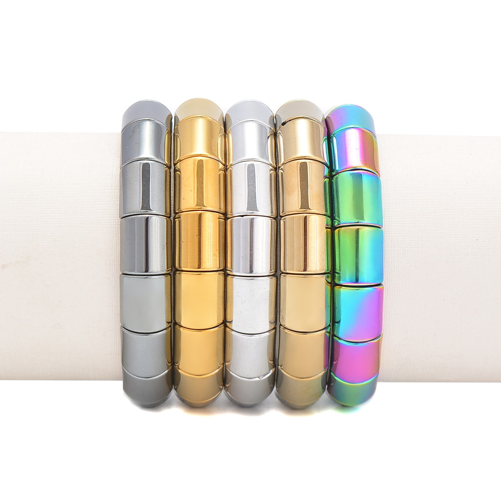 Rainbow Plated Hematite Double Drilled Bangle Bracelet Beads 10x12mm 7.5”Length