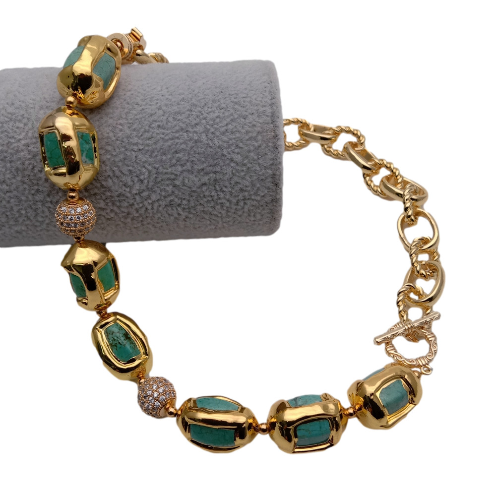 16.5″ Turquoise With Electroplated Edge CZ Pave Beads Chain Choker Necklace