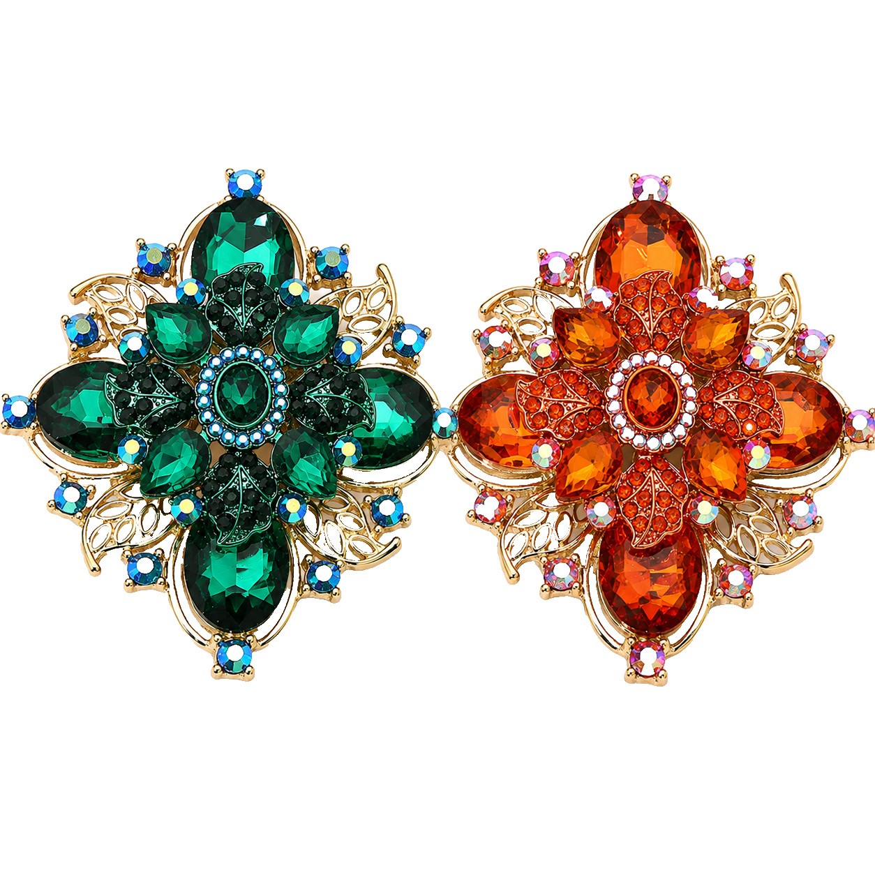 2PCS Red Crystal Floral Leaf Brooch Pins Gold Tone Rhinestone Statement Corsage