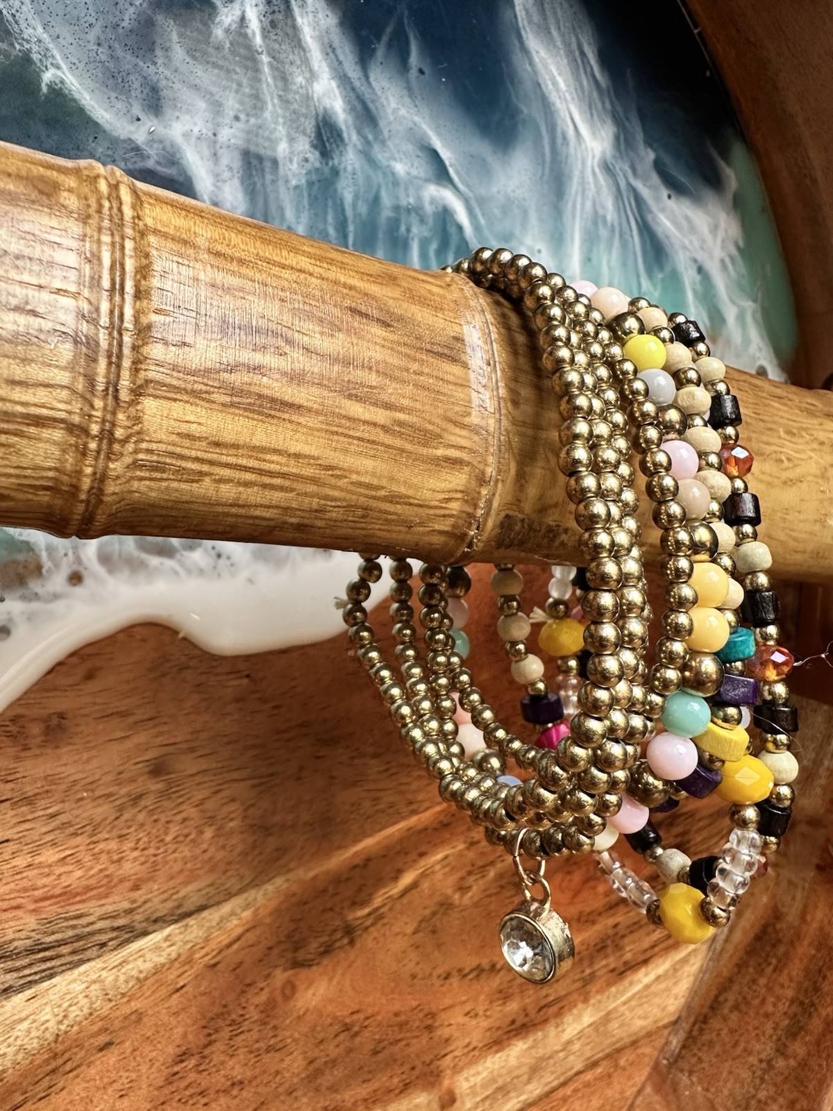 Multicolor Beaded Stretch Stackable Bracelet Set w/ Gold-Tone Ball Beads