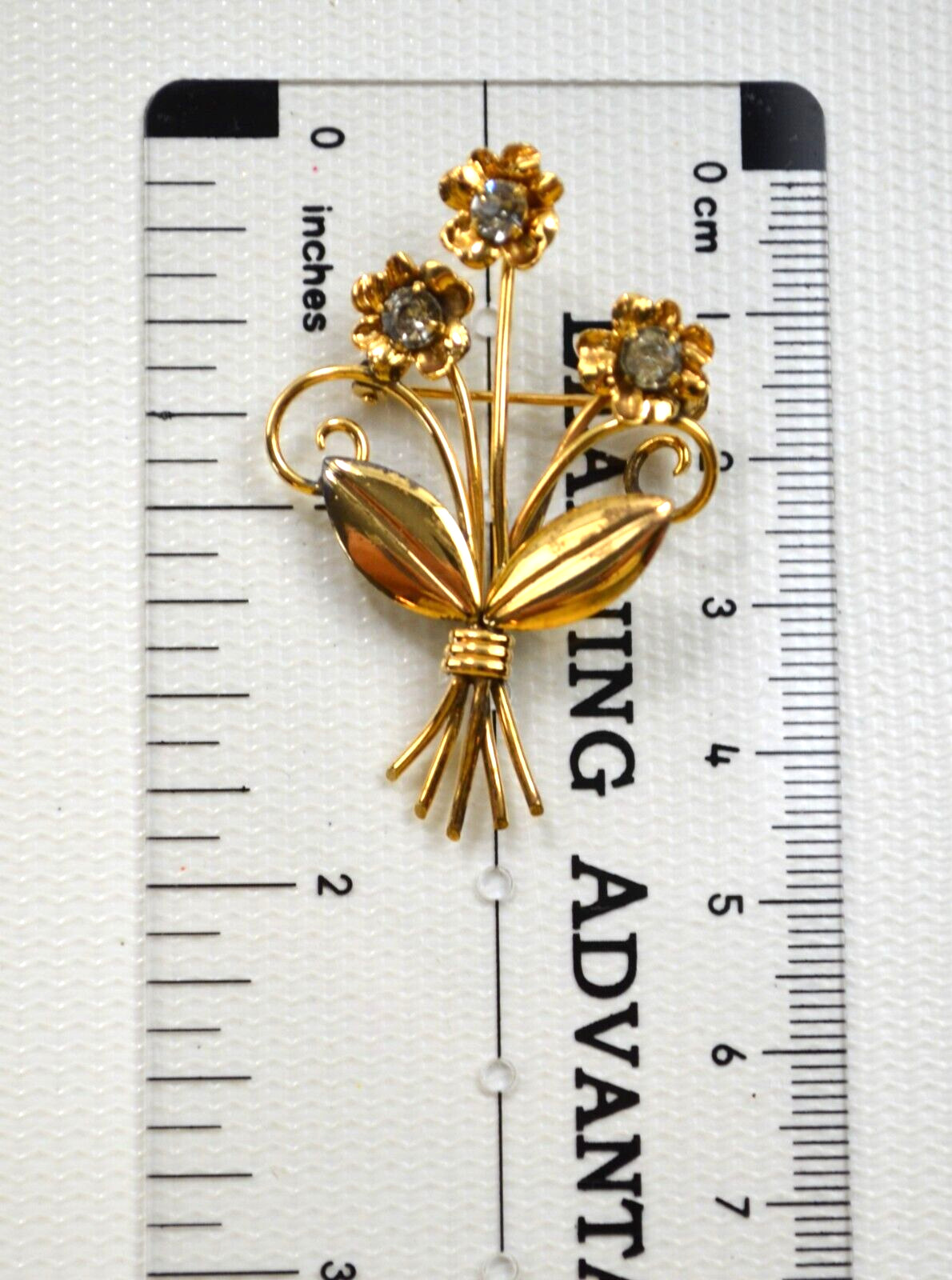 Vintage Gold Tone Brooch Pin Pendant Flower w/ Clear Rhinestones 2.25″