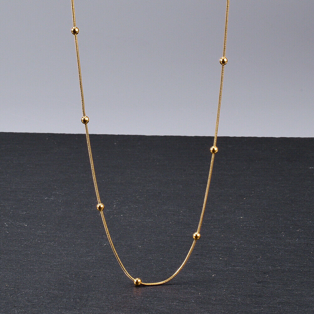 18K Gold Stainless Steel Station Bead Ball Snake Chain Choker Necklace 18″ PE44