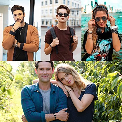 Black Leather Bracelets for Men Women 5pcs Mens Bracelet Leather and A- 8.7inch