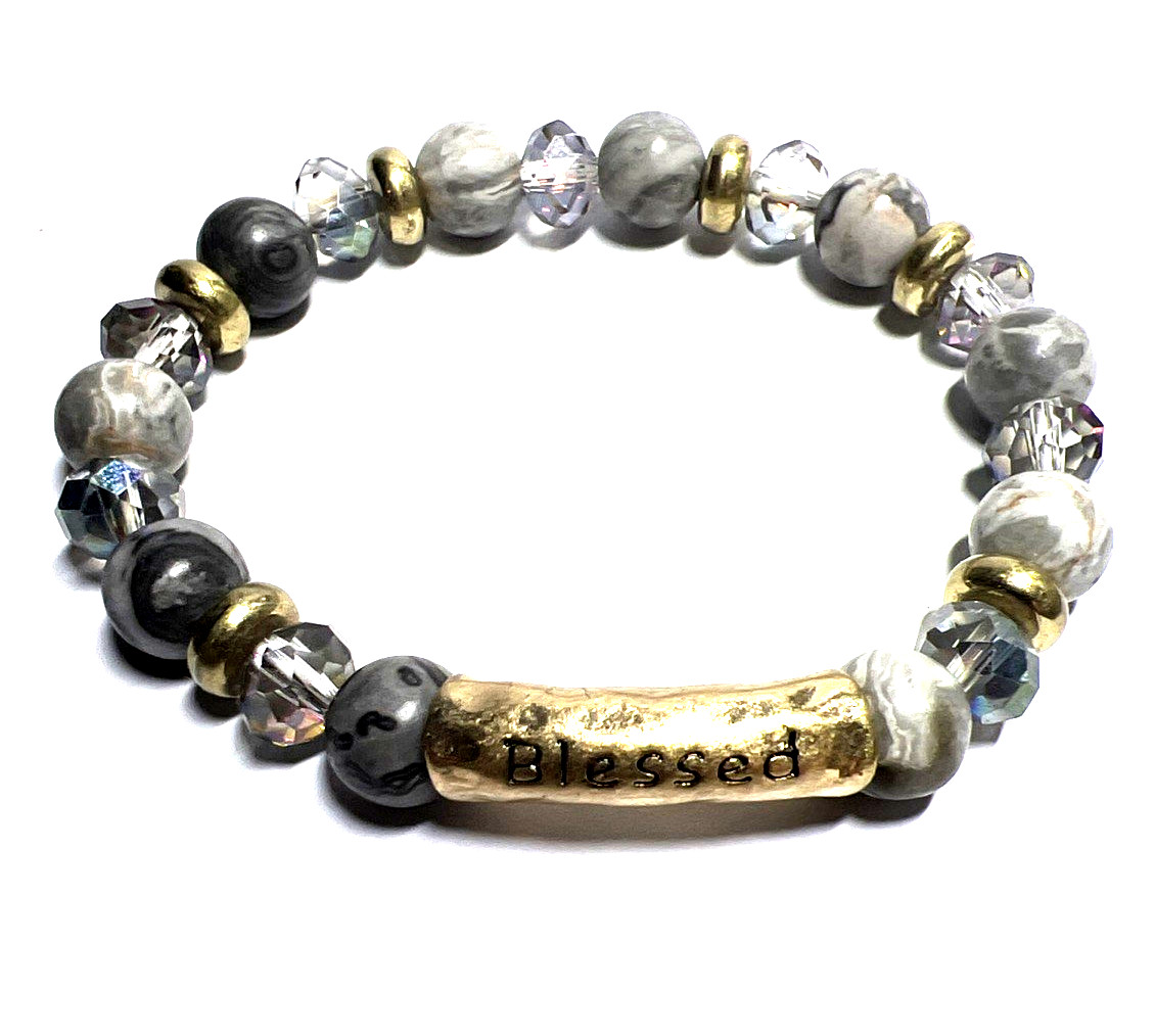 Beeded “Blessed” Bracelet Stretchy Grey