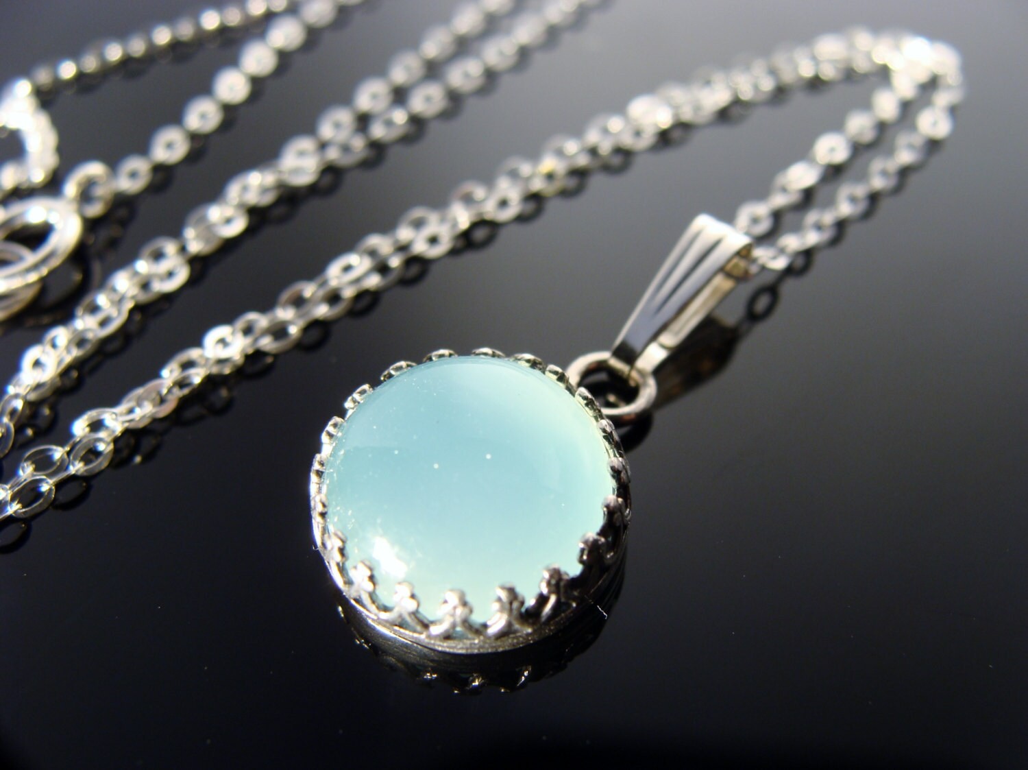 Aqua Blue Chalcedony Pendant Necklace · 925 Sterling Silver · Bezel Set
