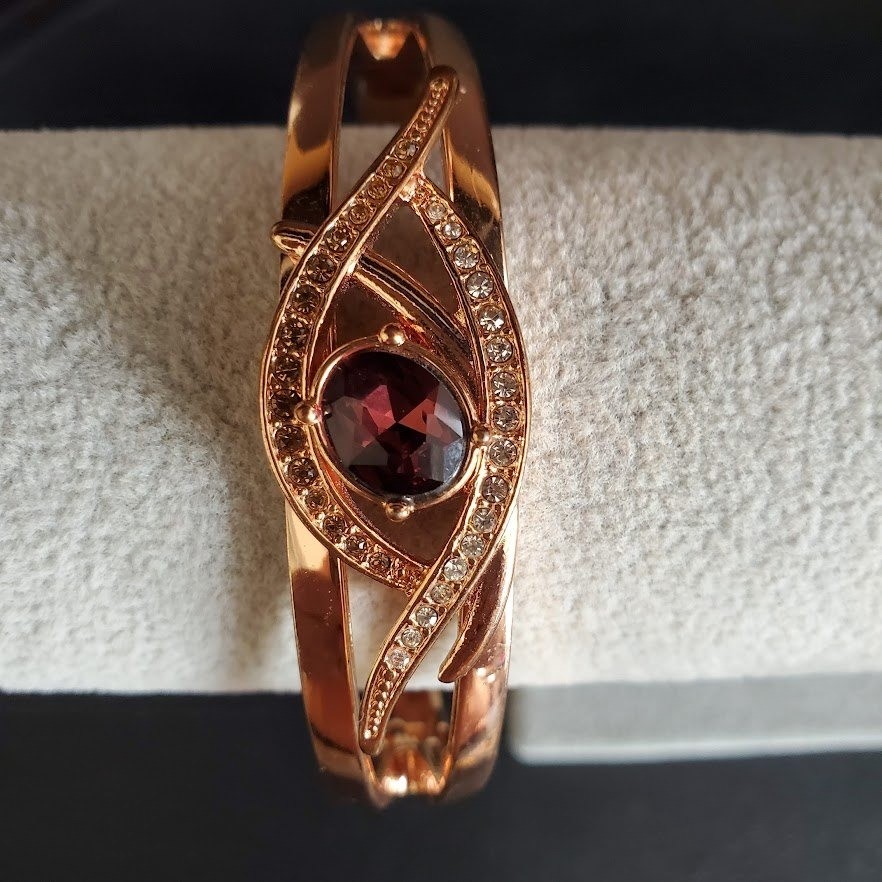 Rose Gold Tone Evil Eye Hinged Bangle Bracelet Purple Stone Rhinestone 7 Inch