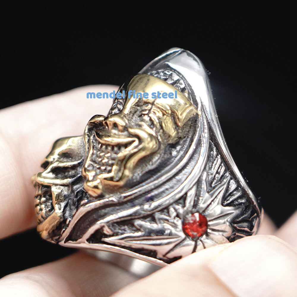 MENDEL Gothic Mens Gold Plated Biker Skull Clown Ring Stainless Steel Size 8-15