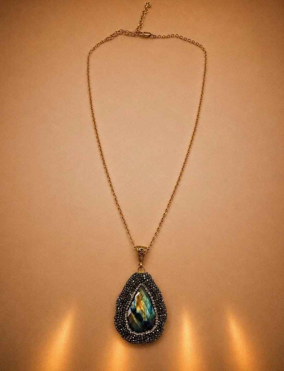 New 24k Gold Plated Necklace Labradorite Teardrop Pendant Black Crystal Pave