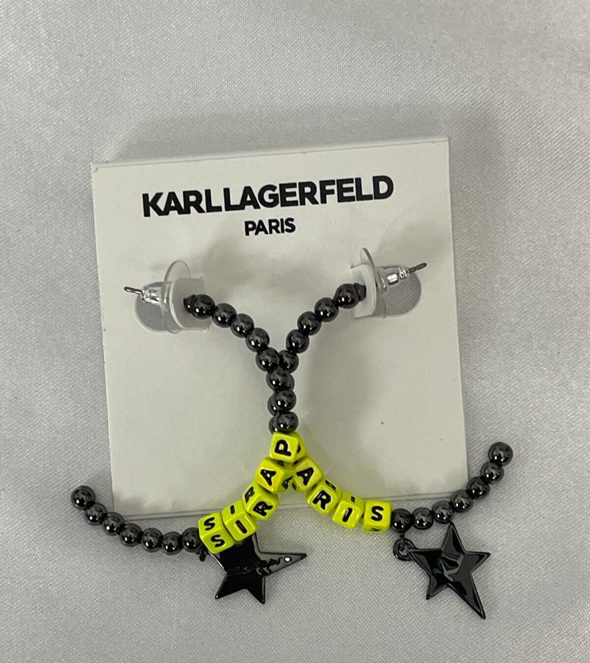 Karl Lagerfeld Logo Black Beaded Star Chartreuse Paris Letters C-Hoop Earrings