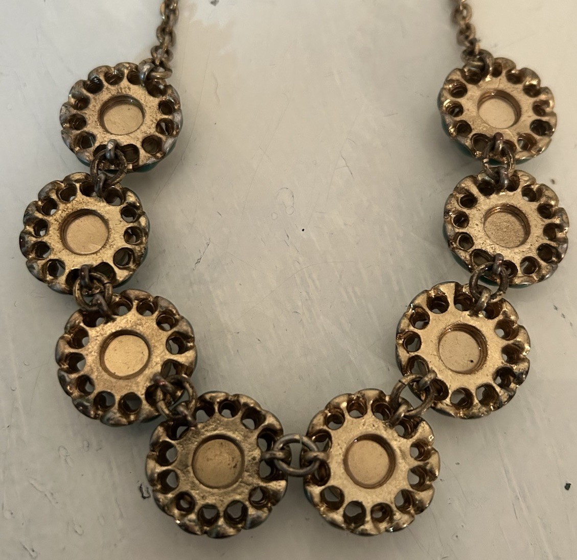 J Crew Scalloped Cupcake Necklace Green Stones & Enamel Gold Toned Metal