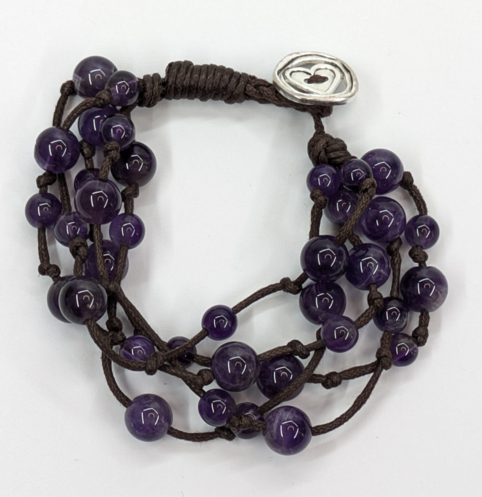 Purple Amethyst Stone Beaded Multi Strand Sterling Silver 925 LA Signed Bracelet