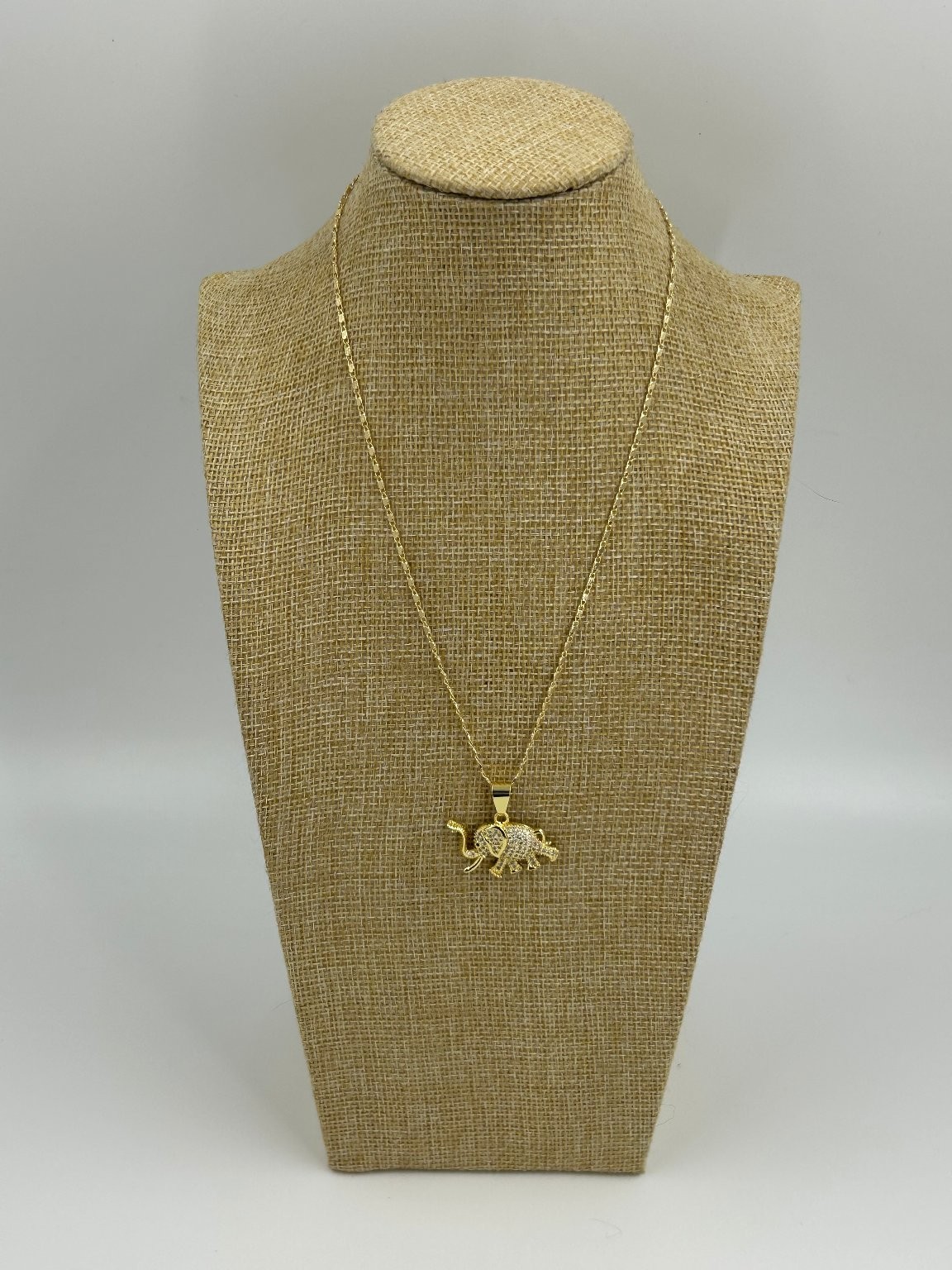 Gold Tone Elephant Pendant Necklace 18 Inch Chain Rhinestone Detail