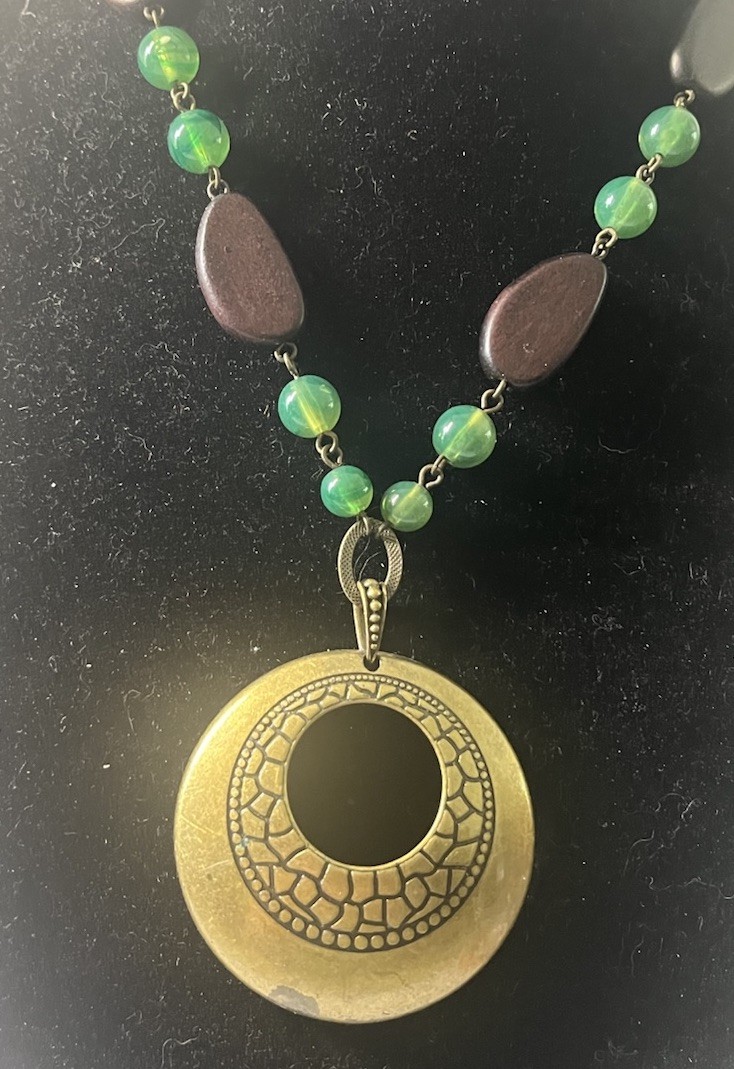 BOHO BEADED NECKLACE W/ROUND BRASS PENDANT 28″ SALE!