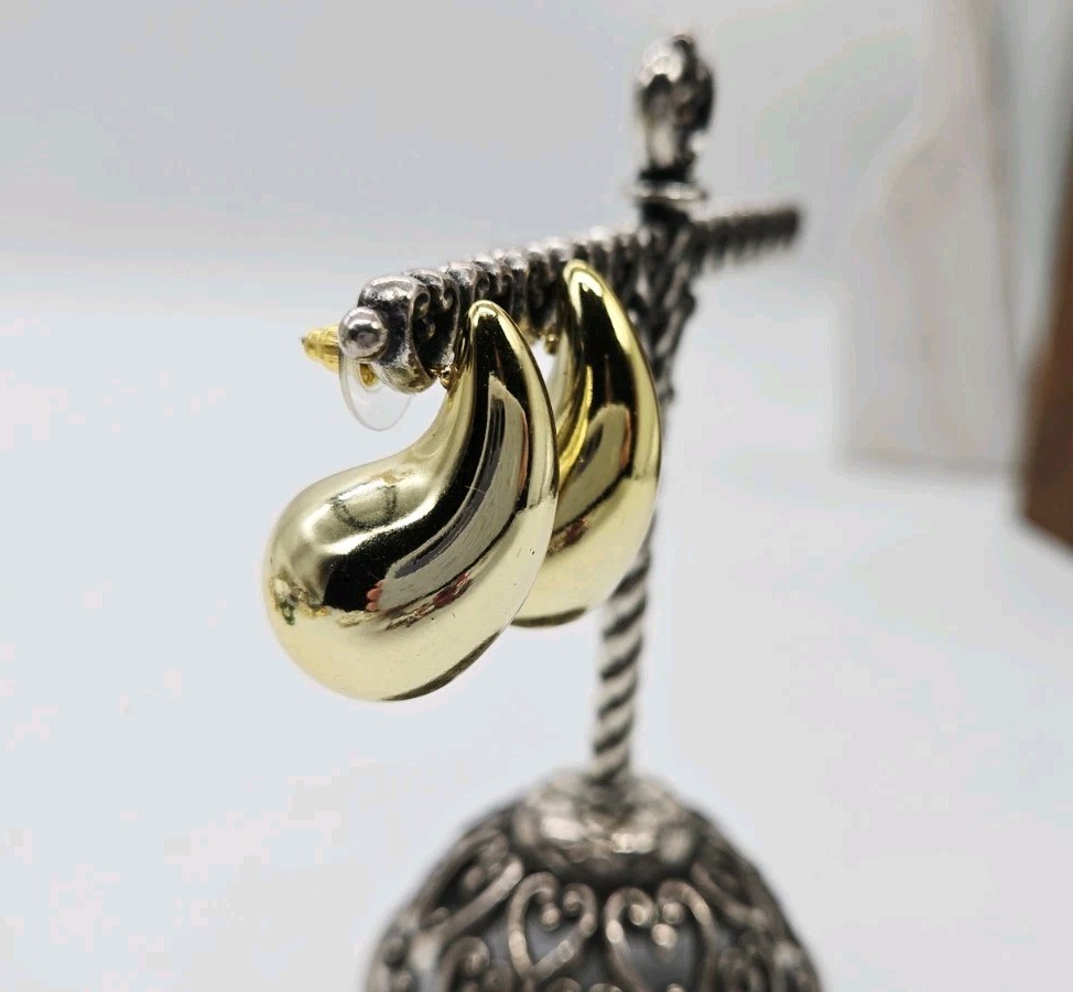 Teardrop Earrings Yellow Gold Plated Hollow Chunky Push Back Post 1.25 in