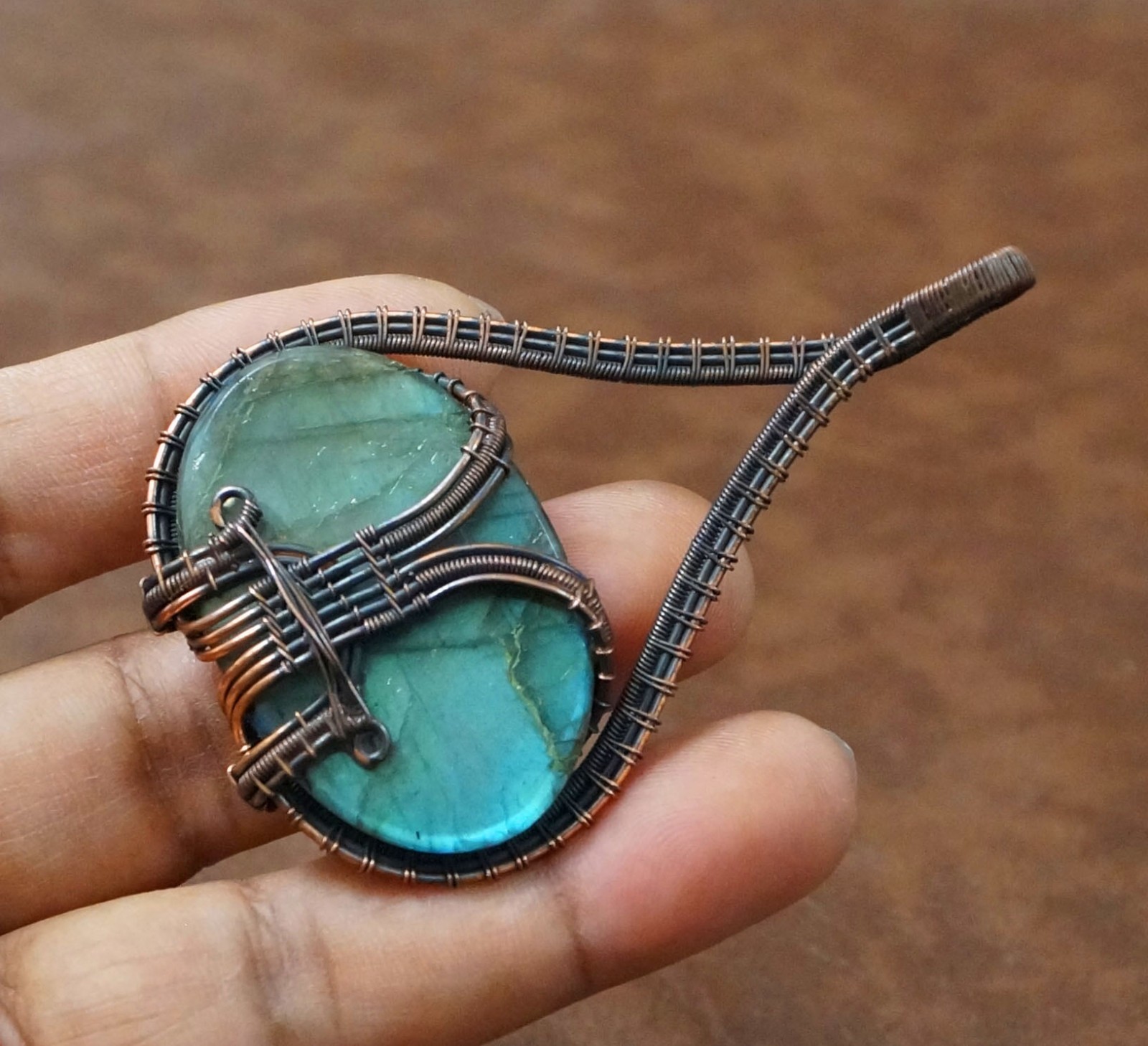 Blue flash Labradorite Copper Pendant Natural Gemstone Handmade Jewelry (PD-33