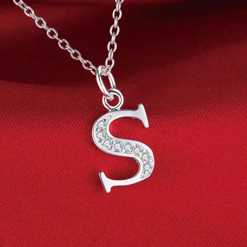 925 Sterling Silver Initial A-Z Letter Pendant Necklace CZ Personalized 18″ N162