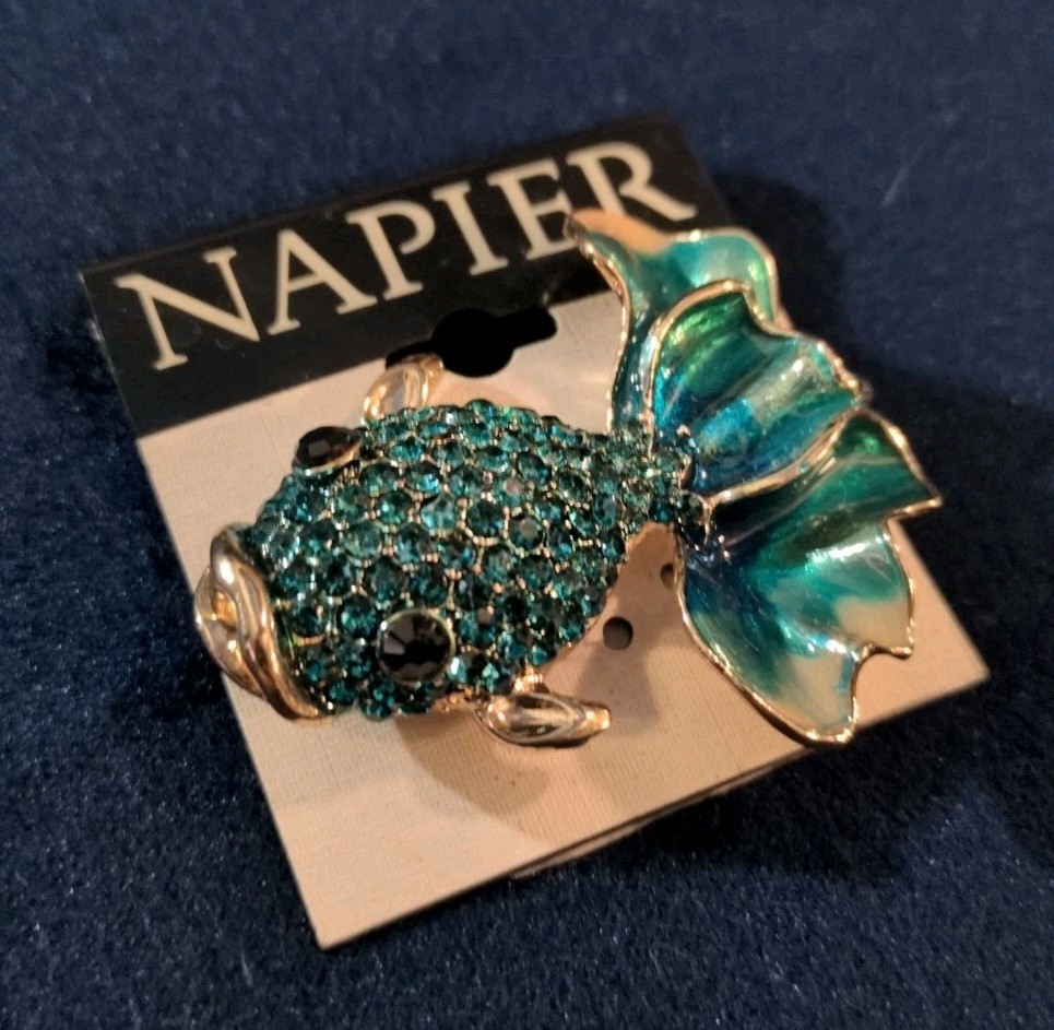 Napier Fancy Koi Gold Fish Brooch Pin Gold Tone Blue Green Rhinestone Enamel 2″