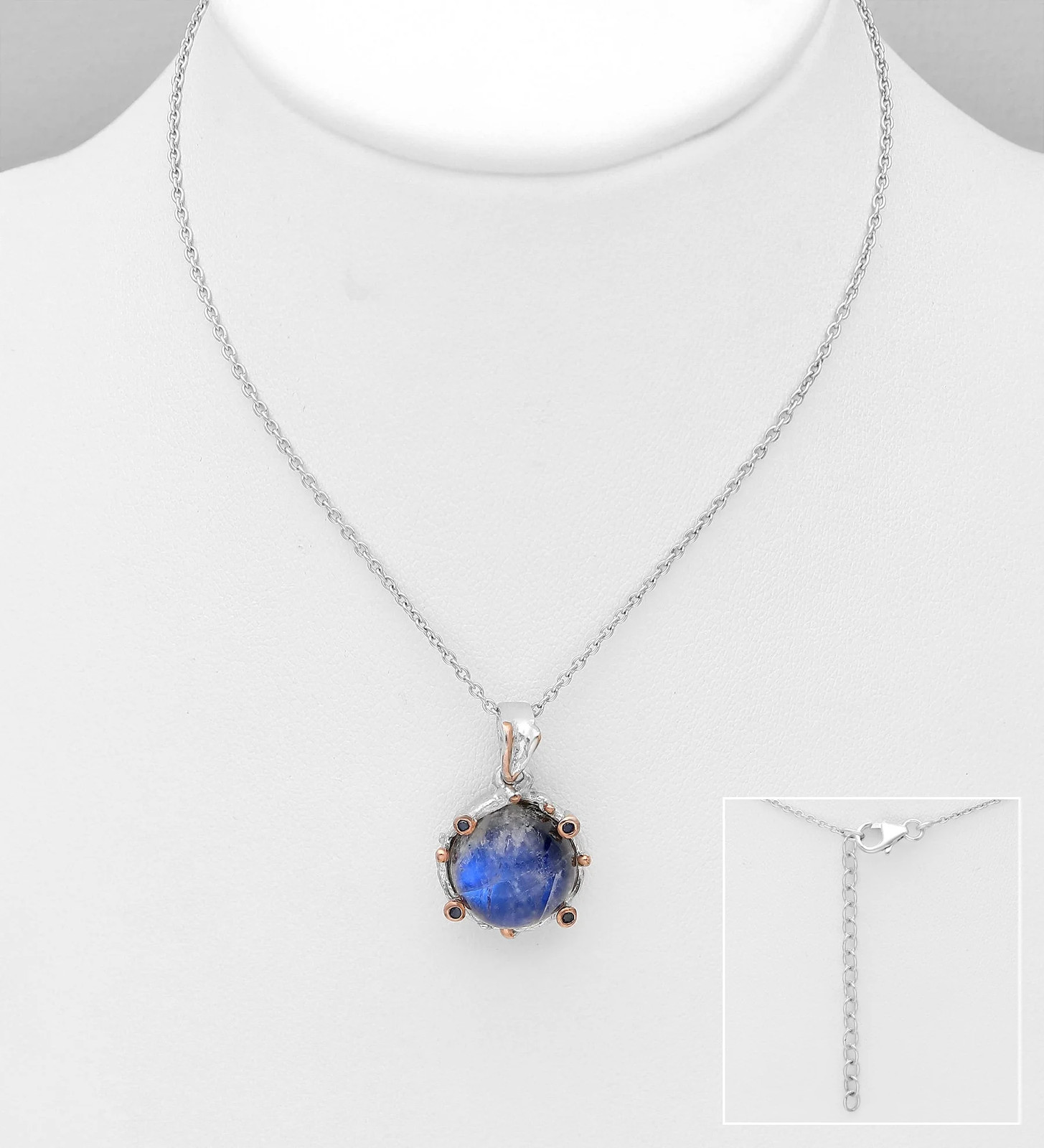 22K Pink Gold Plated Spectrolite & Blue Sapphire Sterling Silver Necklace 16” l