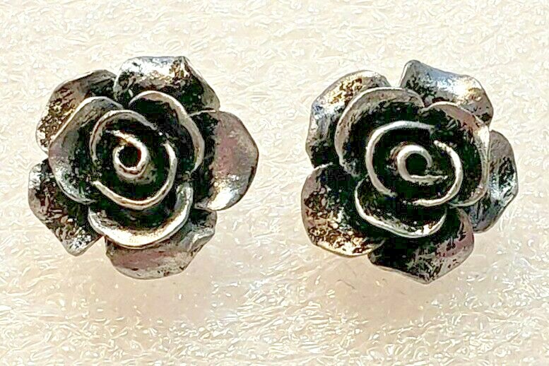 Rose Flower Bloom Antique Silver Color Acrylic Post Style Earrings Jewelry