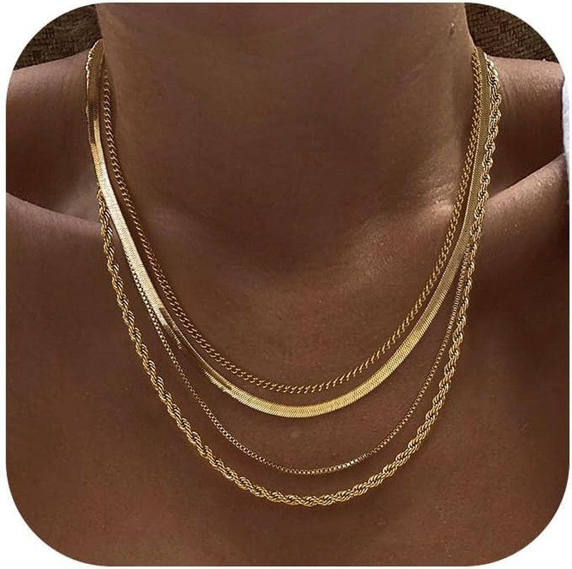 Layered Necklaces for Women Non Tarnish- Chunky 14K Gold Plated Herringbone/Snak