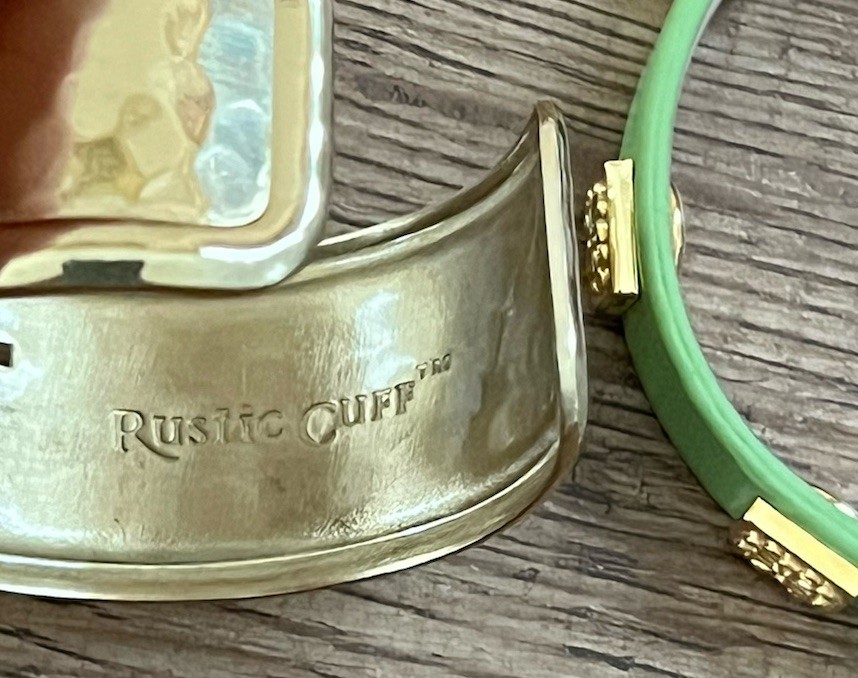 Rustic Cuff Signed Green Crystal Gold Plated Bracelet Jewelry Set