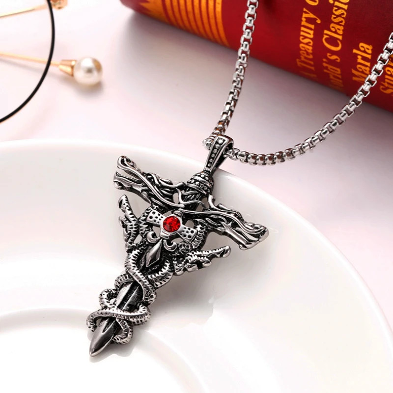 Punk Gothic Necklace Men Alloy Dragon Sword Evil Eye Cross Pendant Jewelry Gift