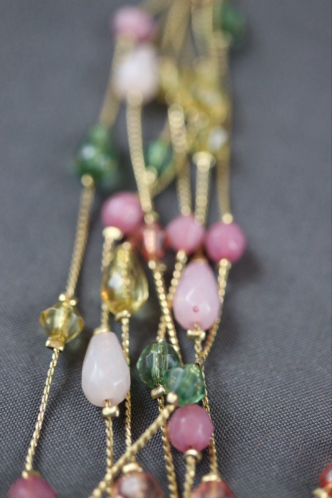 Multi-Strand Gold-Tone Beaded Necklace – Pink, Green & Amber Glass & Stone Beads