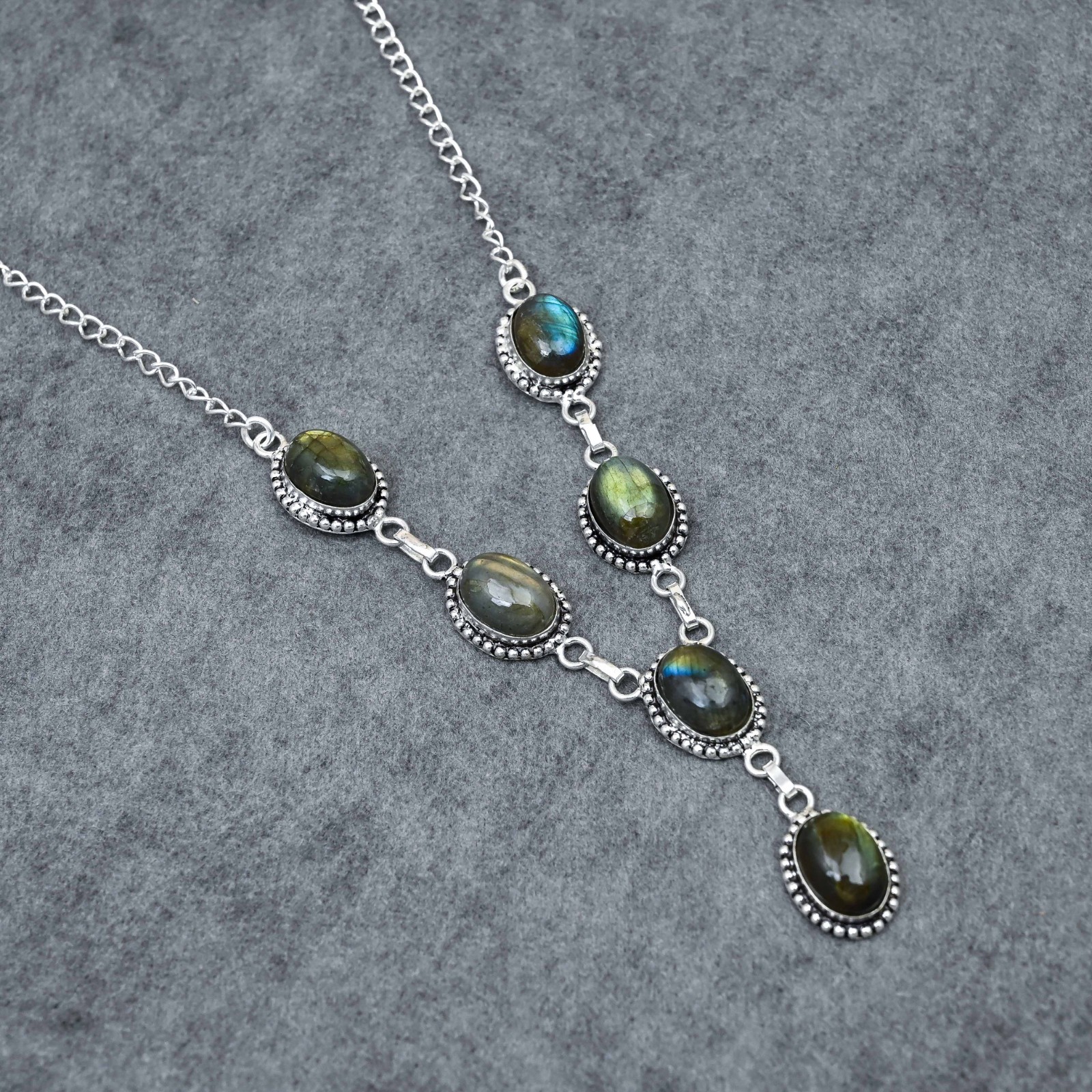 Silver Plated Labradorite Y-Necklace | Multi-Stone Milgrain Cabochon | Artisan