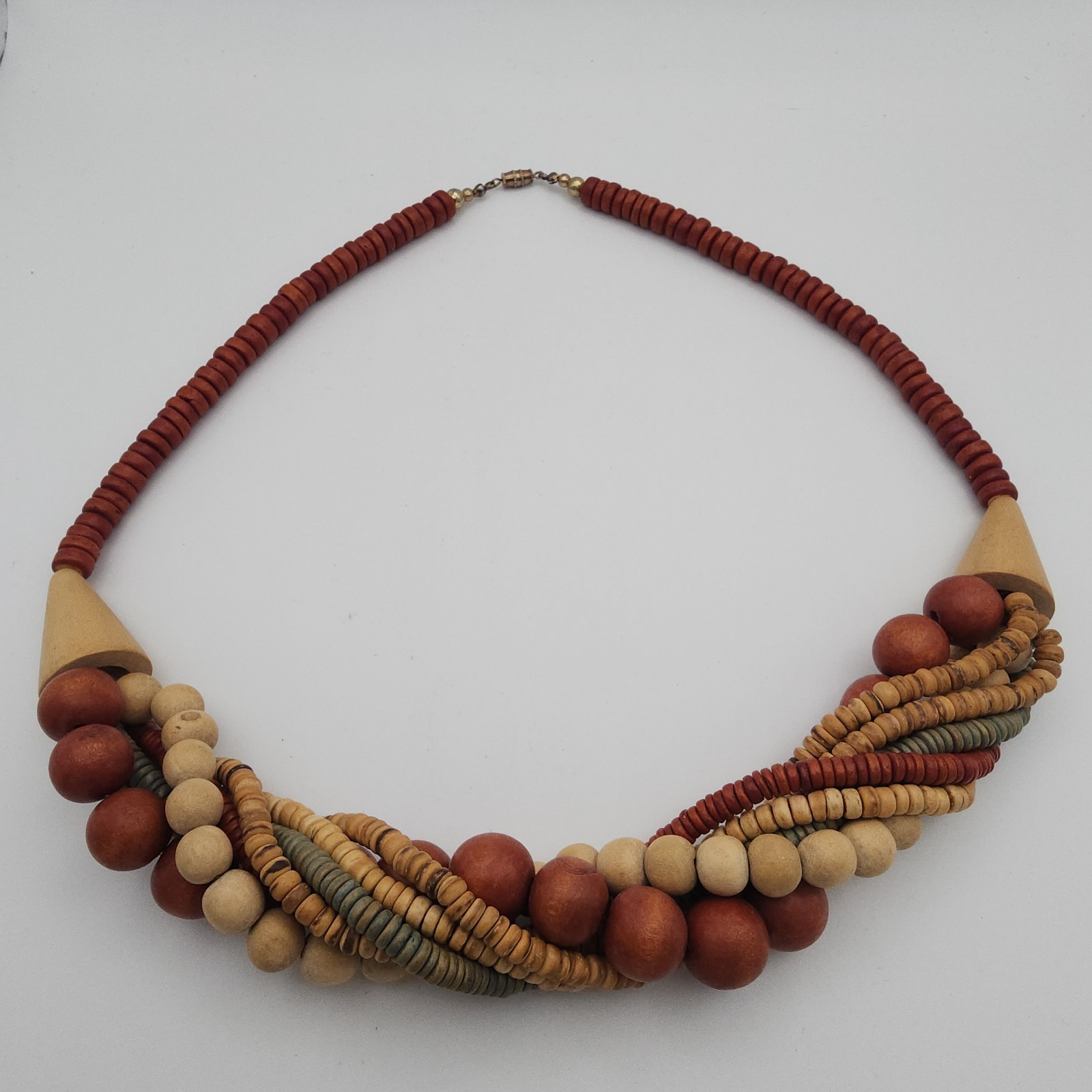 Chunky Multi Strand Wood Bead Statement Necklace Twisted Boho Red Brown Collar