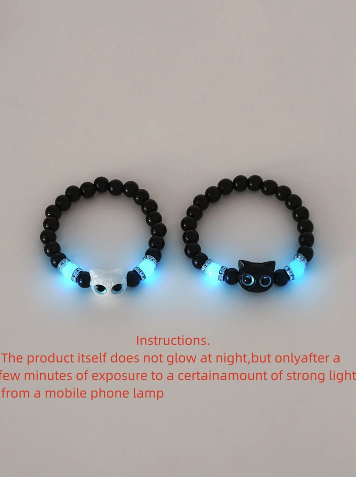 1PC Luminous Cat Couple Bracelet: Matching Black White Glow In Dark Gift – NEW