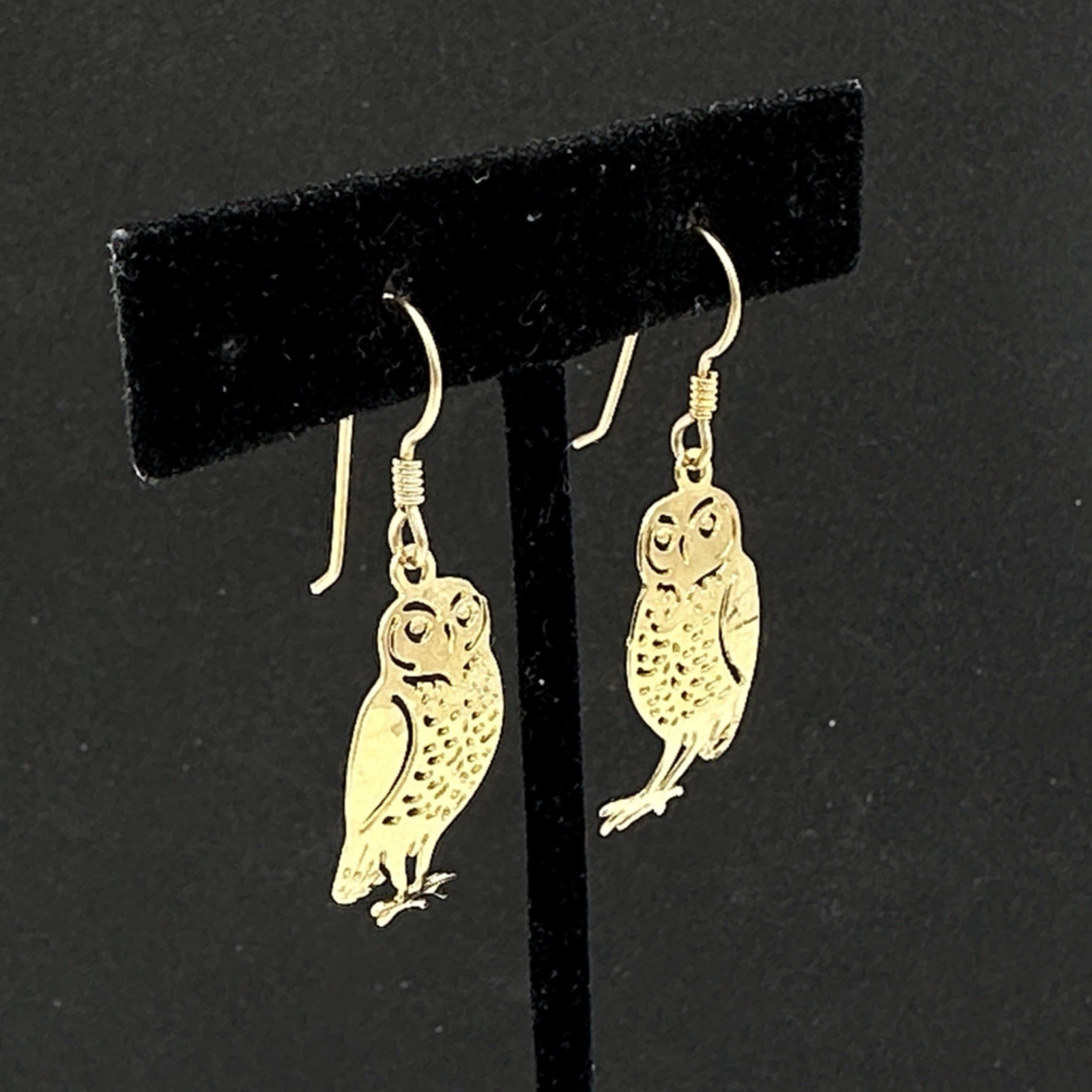 WILD BRYDE owl earrings – gold-tone figural bird 1.75″ dangle signed pierced