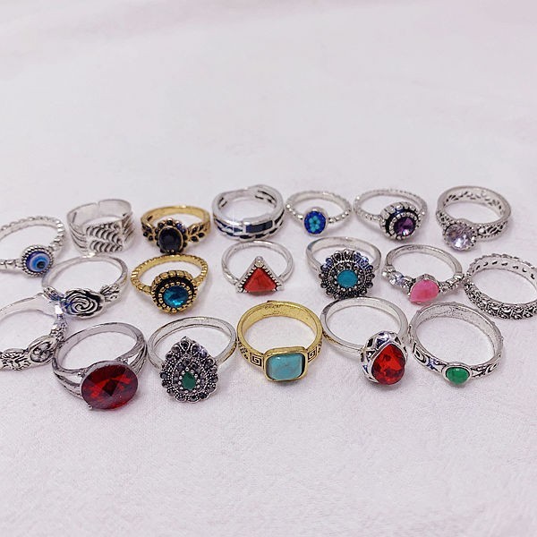 50pcs Bulk Lots Vintage Crystal Stone Mix Plated antique silver Jewelry Ring