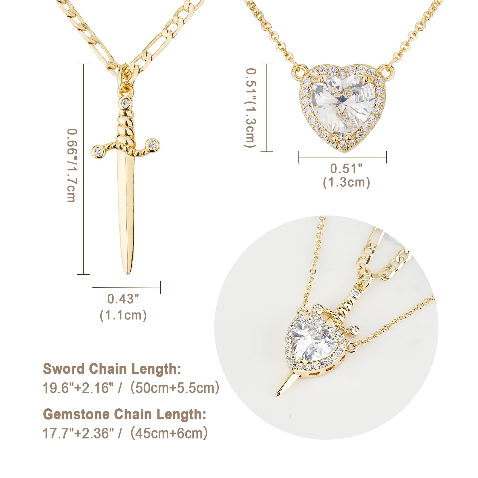 Couples Necklace Set – 14K Gold Plated Sword & Heart, Zirconia Jewelry Gift for