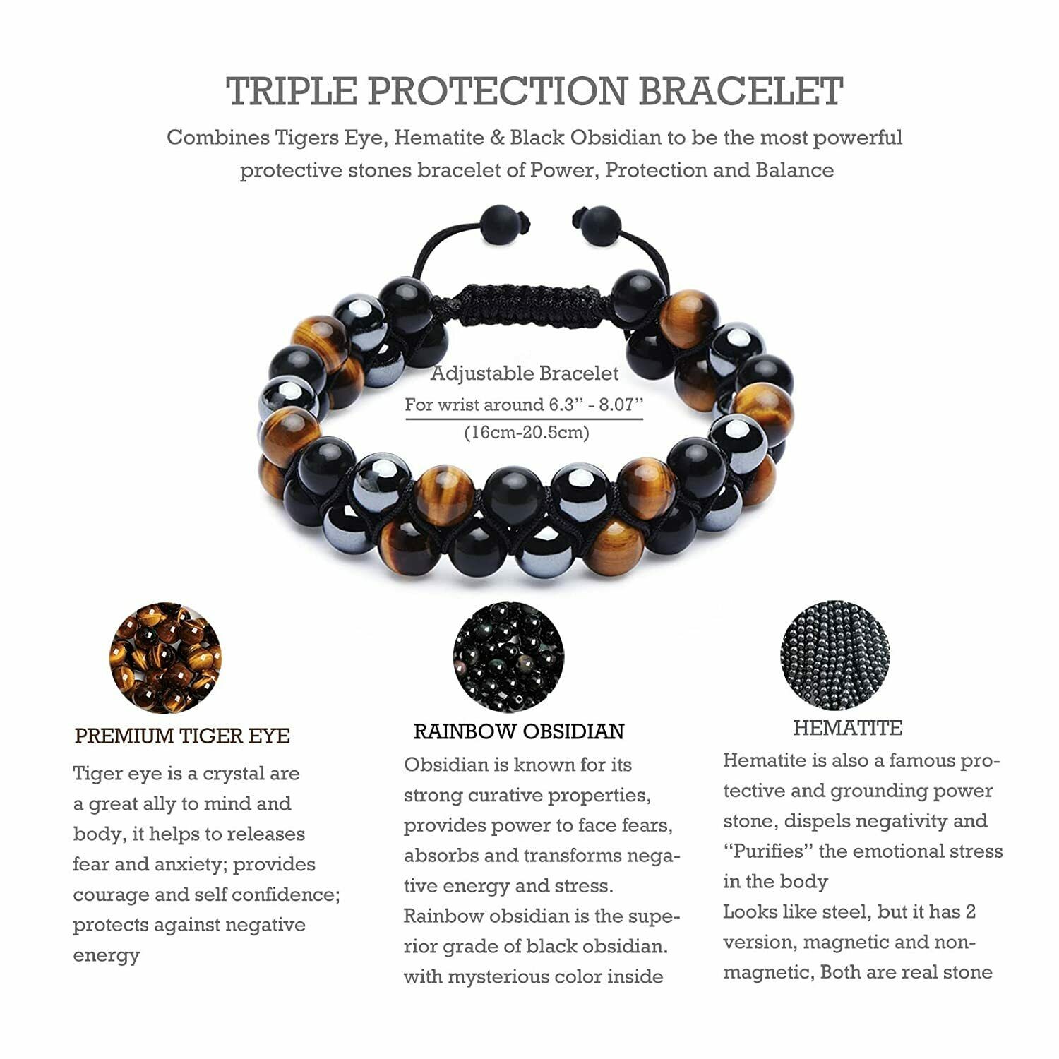Men 8mm Beads Bracelet Triple Protection Black Obsidian Hematite Bracelet