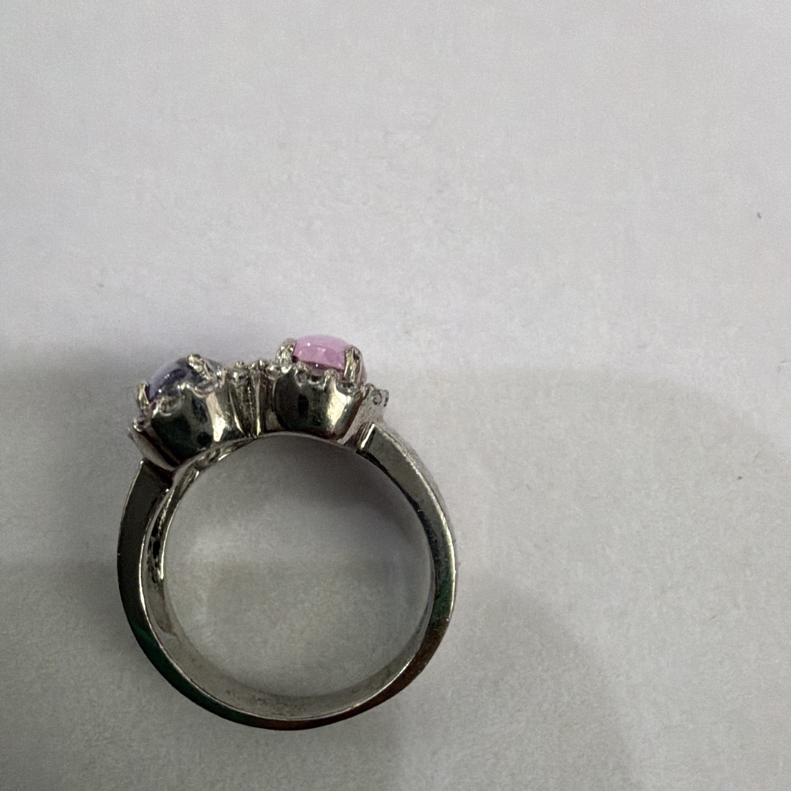 Silver Metal Cocktail Ring Double Oval Pink Purple lab Stones Halo Rhinestone