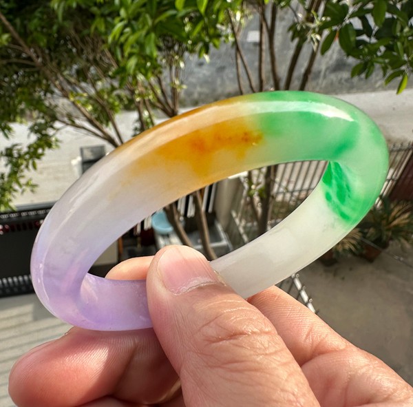 Natural Grade A Jadeite Bangle Tri-Color Green Lavender Yellow Burmese Jade 57mm