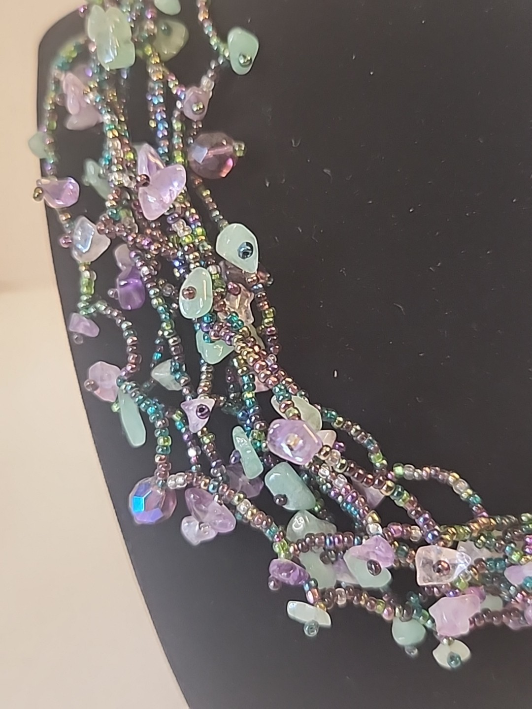 Multi-strand Semi-precious Stone Chips & Glass Seed Bead Statement Necklace 19″