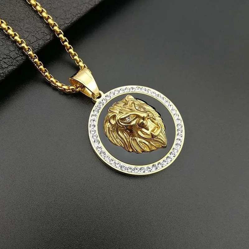 Gold Plated Lion Head Pendant Necklace Titanium Steel Hip Hop Jewelry for Men