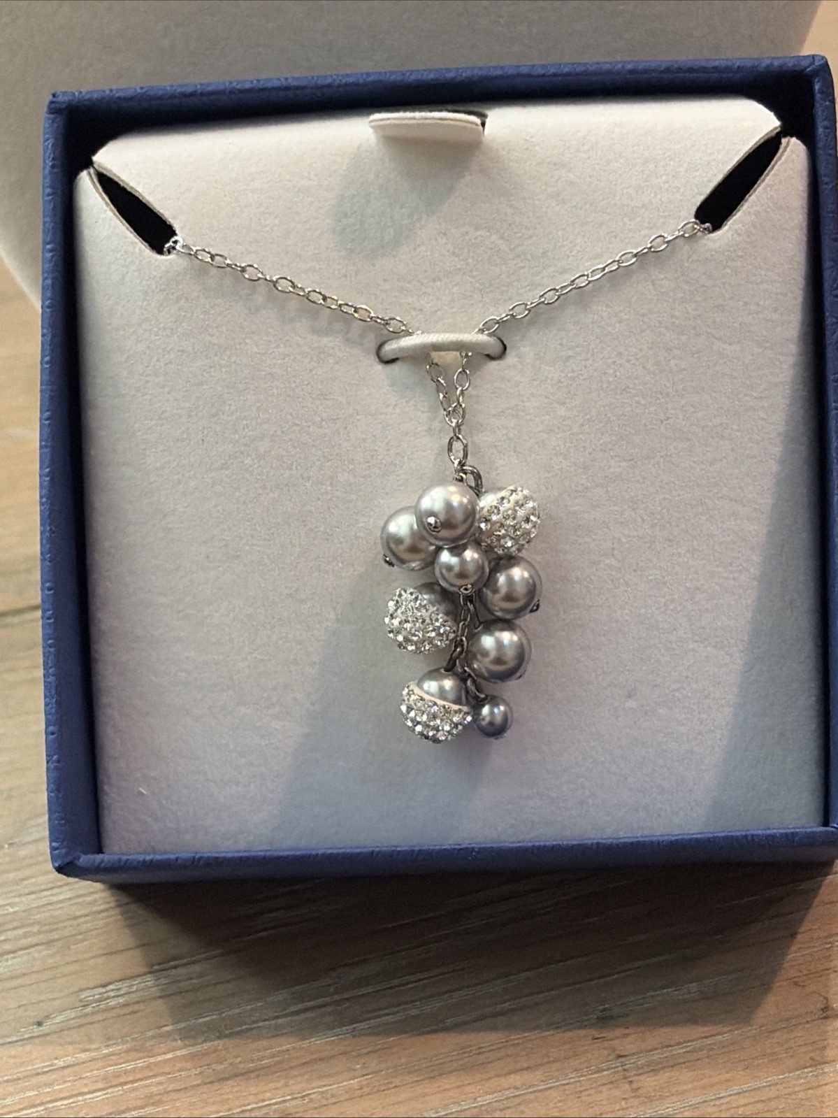 Authentic Swarovski Pave Crystal & Gray Pearl Cluster Pendant Necklace NIB $95