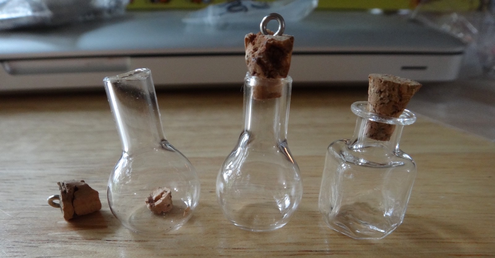 3 Small 36x17mm Glass 2 Round 1 Squared Bottle w/ Cork for TINY Momentos Charm