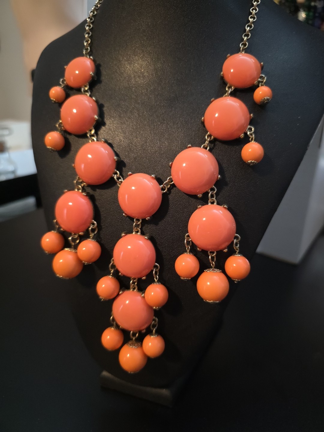 Gold Tone Peach Orange Acrylic Round Bubble Bib Statement Necklace