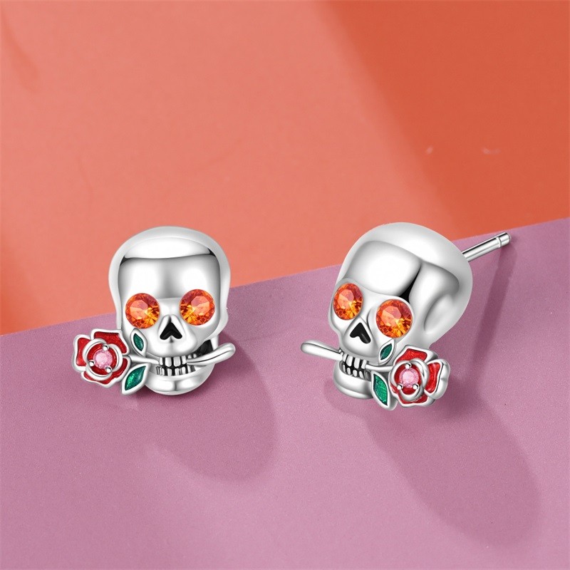 PANDACH 925 Sterling Silver Skull Rose Stud Earrings For Women Men Jewelry Gifts