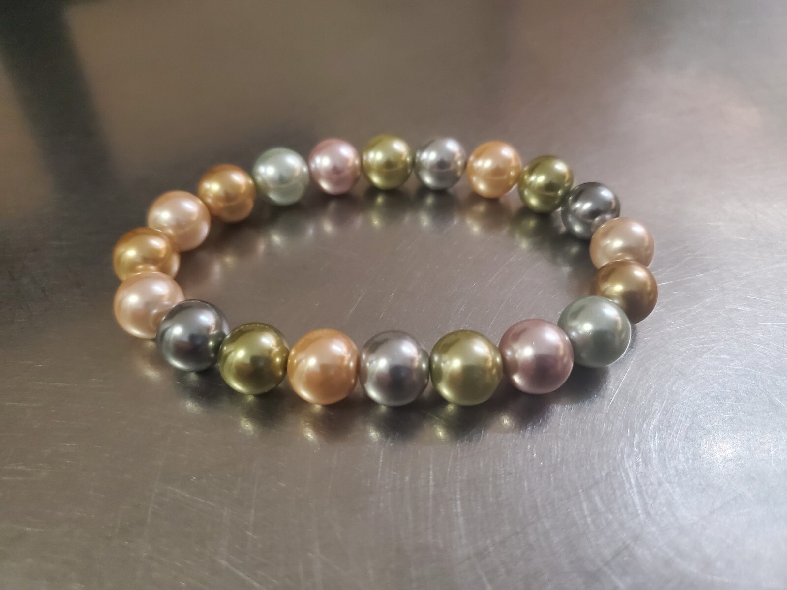 Vintage Bracelet Faux Pearl Multicolor Beaded Round Blue Green Pink Copper 6.75″