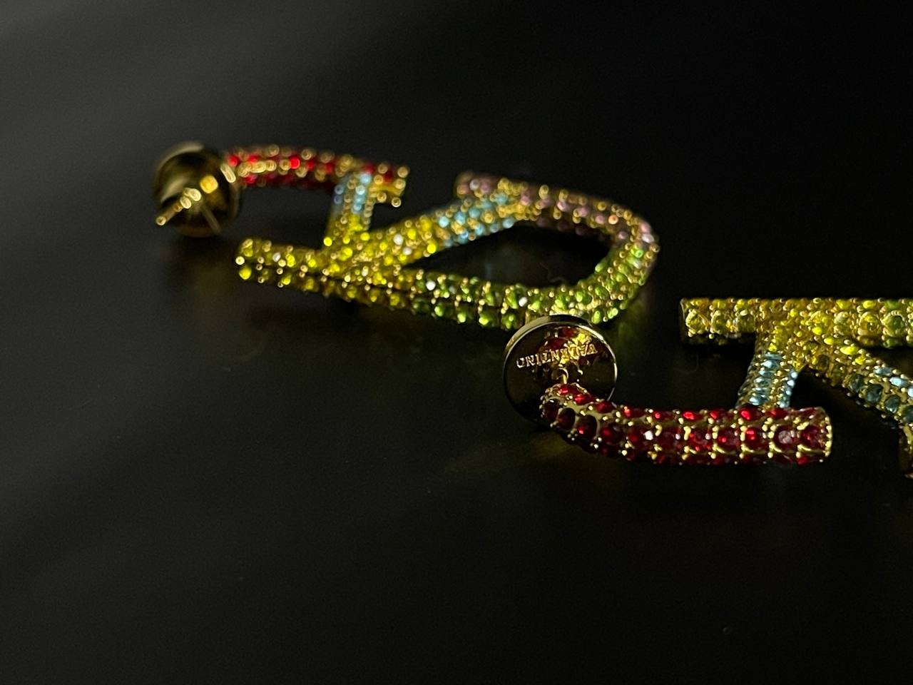 Vintage Valentino Rainbow Crystal V Logo Hoop Earrings
