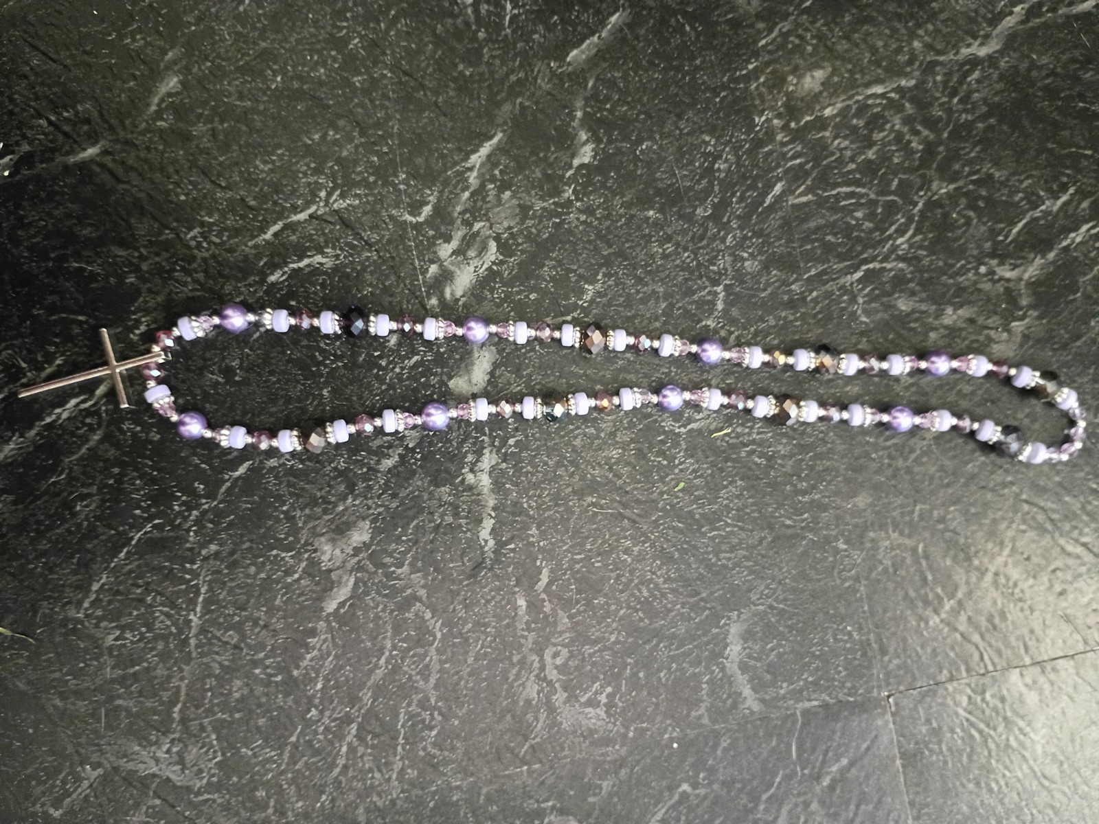 Handmade, Purple Glass Beaded Ball Chain Necklace w/ Silver Cross Charm Pendant